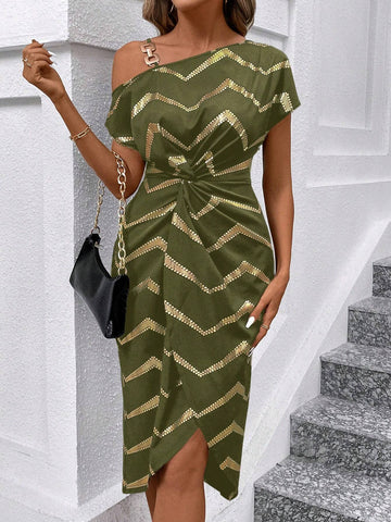 Women's Summer Short Sleeve Oblique-Shoulder Chevron Print Twist Front Dress