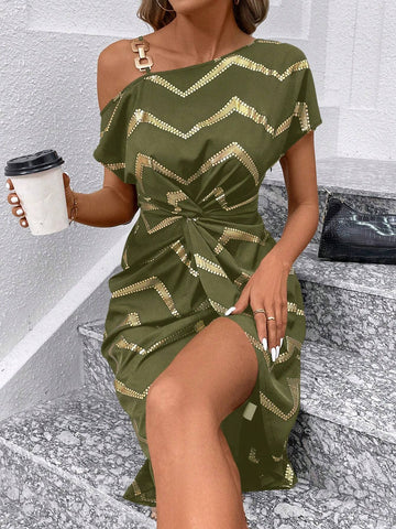 Women's Summer Short Sleeve Oblique-Shoulder Chevron Print Twist Front Dress