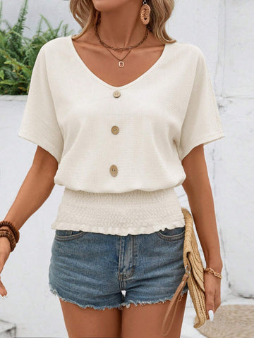 Clasi Women's Summer Short Sleeve Top With Draped Batwing Sleeves