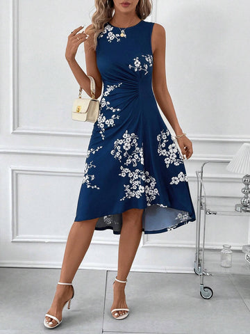 Women's Summer Sleeveless Ruched Dress With Floral Print