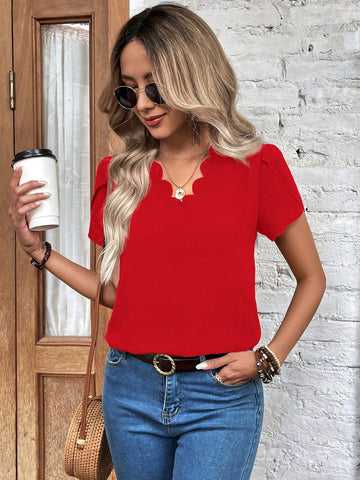 Clasi Women's Summer Solid Color Arc Hem V-Neck Ruffle Sleeve Elegant Blouse