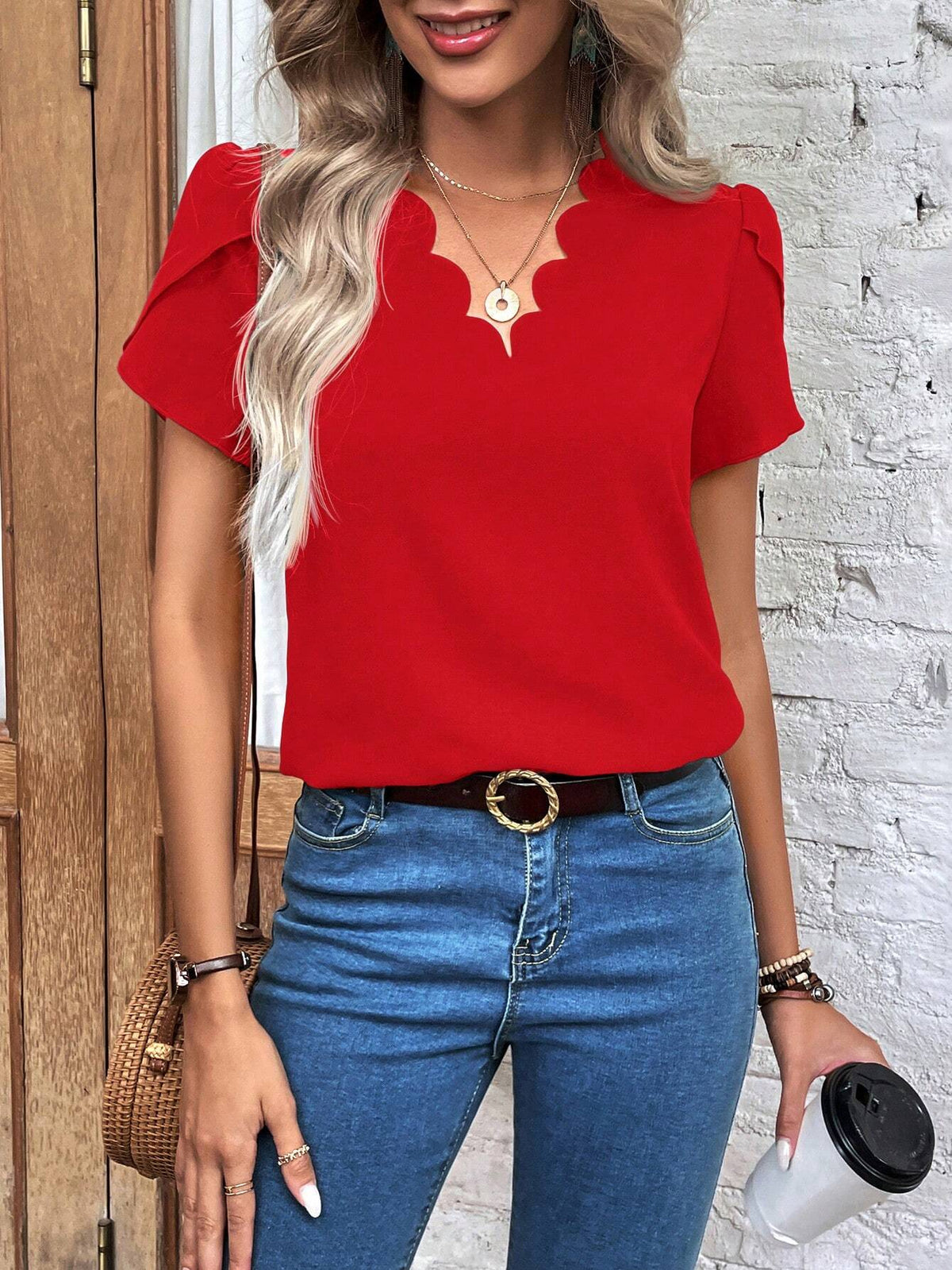 Clasi Women's Summer Solid Color Arc Hem V-Neck Ruffle Sleeve Elegant Blouse