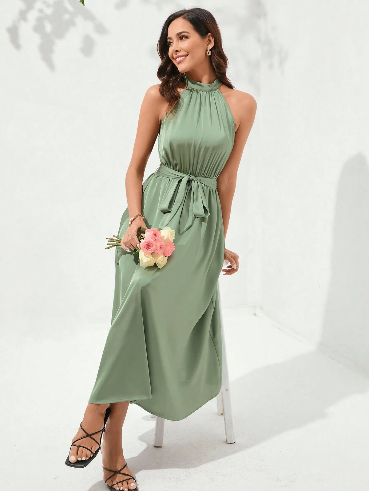 Women's Summer Solid Color Belted V-Neck Sleeveless Dress
