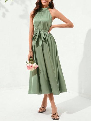 Women's Summer Solid Color Belted V-Neck Sleeveless Dress
