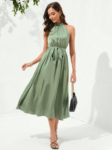 Women's Summer Solid Color Belted V-Neck Sleeveless Dress