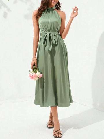 Women's Summer Solid Color Belted V-Neck Sleeveless Dress