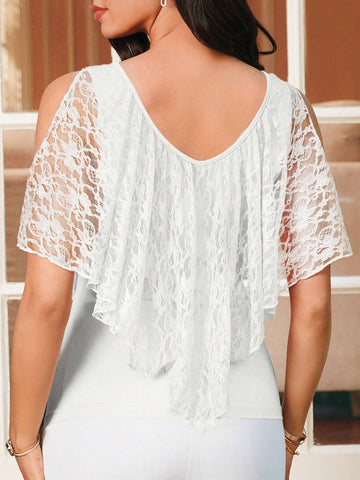 Clasi Women's Summer Solid Color Contrast Lace Off-Shoulder Loose Elegant T-Shirt With Ruffled Hem