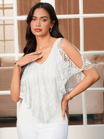 Clasi Women's Summer Solid Color Contrast Lace Off-Shoulder Loose Elegant T-Shirt With Ruffled Hem