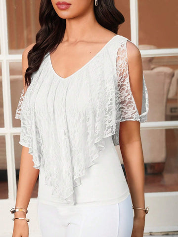 Clasi Women's Summer Solid Color Contrast Lace Off-Shoulder Loose Elegant T-Shirt With Ruffled Hem