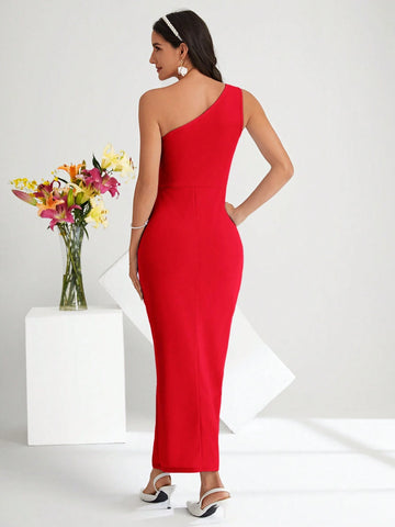 Women's Summer Solid Color One Shoulder Sleeveless Bodycon Dress With Pleated And Split Hem, Elegant
