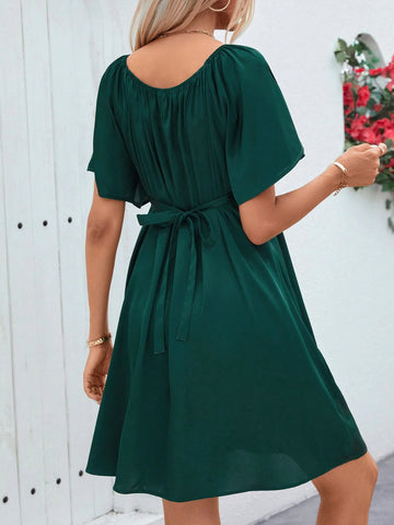 Women's Summer Solid Color V-Neck Crop Sleeve Elegant Crop Dress With Shoulder Pads