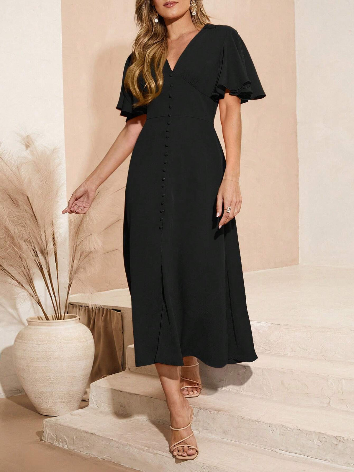 Women's Summer Solid Color V-Neck Ruffle Short Sleeve Maxi Elegant Dress