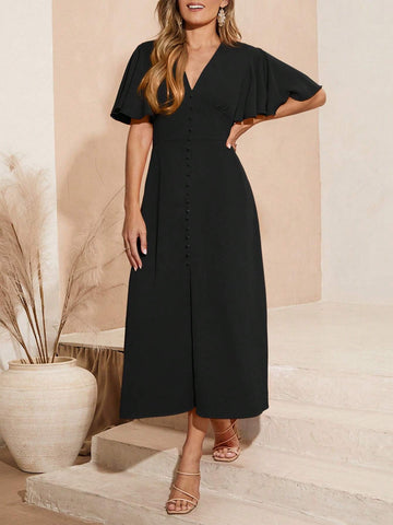 Women's Summer Solid Color V-Neck Ruffle Short Sleeve Maxi Elegant Dress