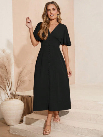 Women's Summer Solid Color V-Neck Ruffle Short Sleeve Maxi Elegant Dress