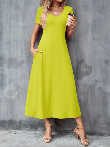 Women's Summer Solid Fluorescent Green V-Neck Short Sleeve Casual Dress With Pockets