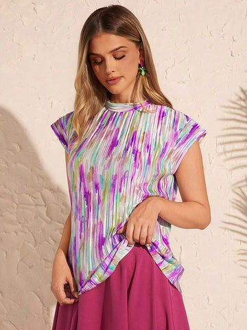 Clasi Women's Summer Tie-Dye Printed Batwing Short Sleeve Loose Casual Top With Stand Collar