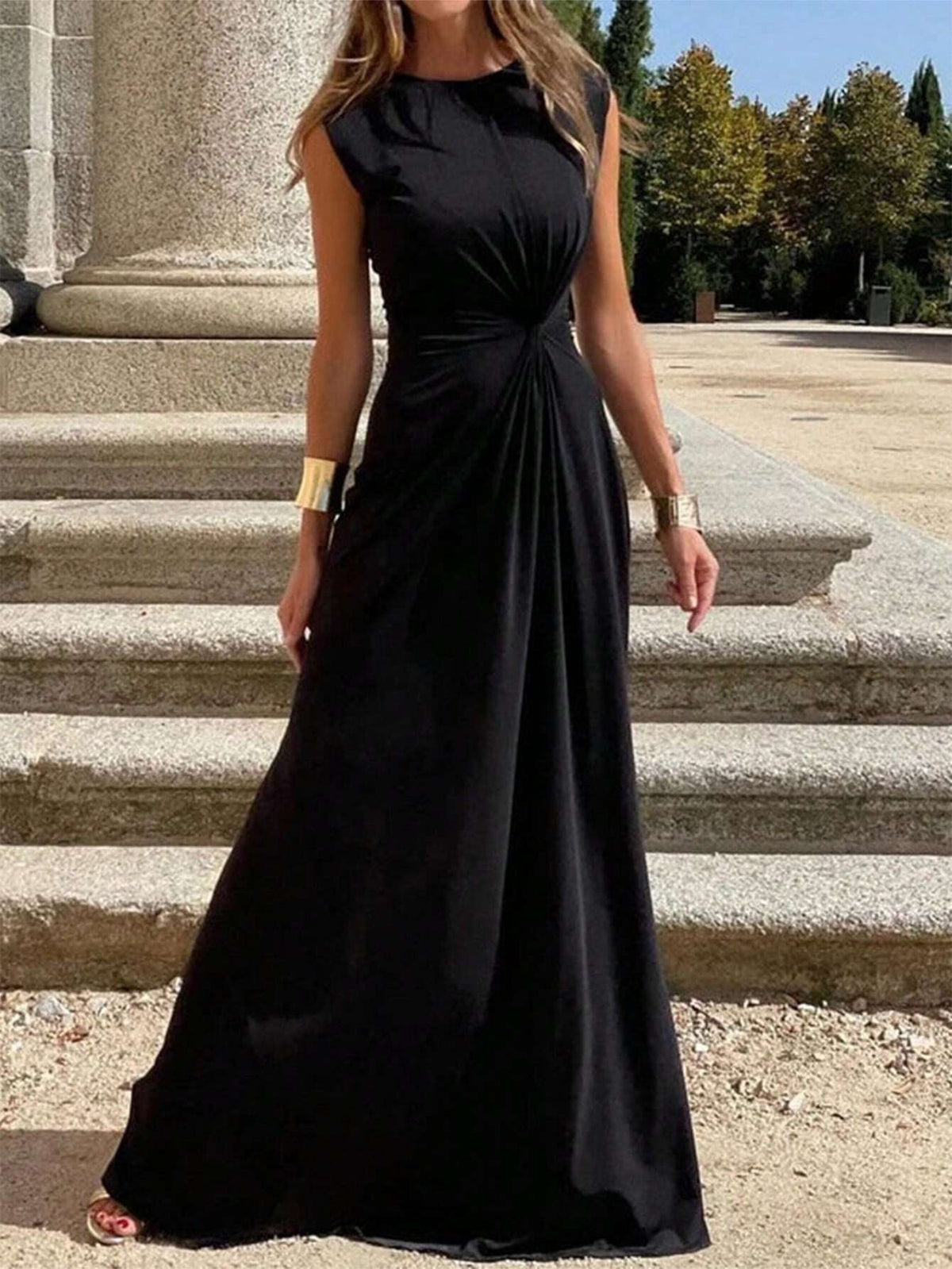 Women's Summer Twist-Belt Black Casual Dress