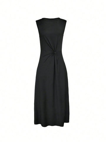 Women's Summer Twist-Belt Black Casual Dress