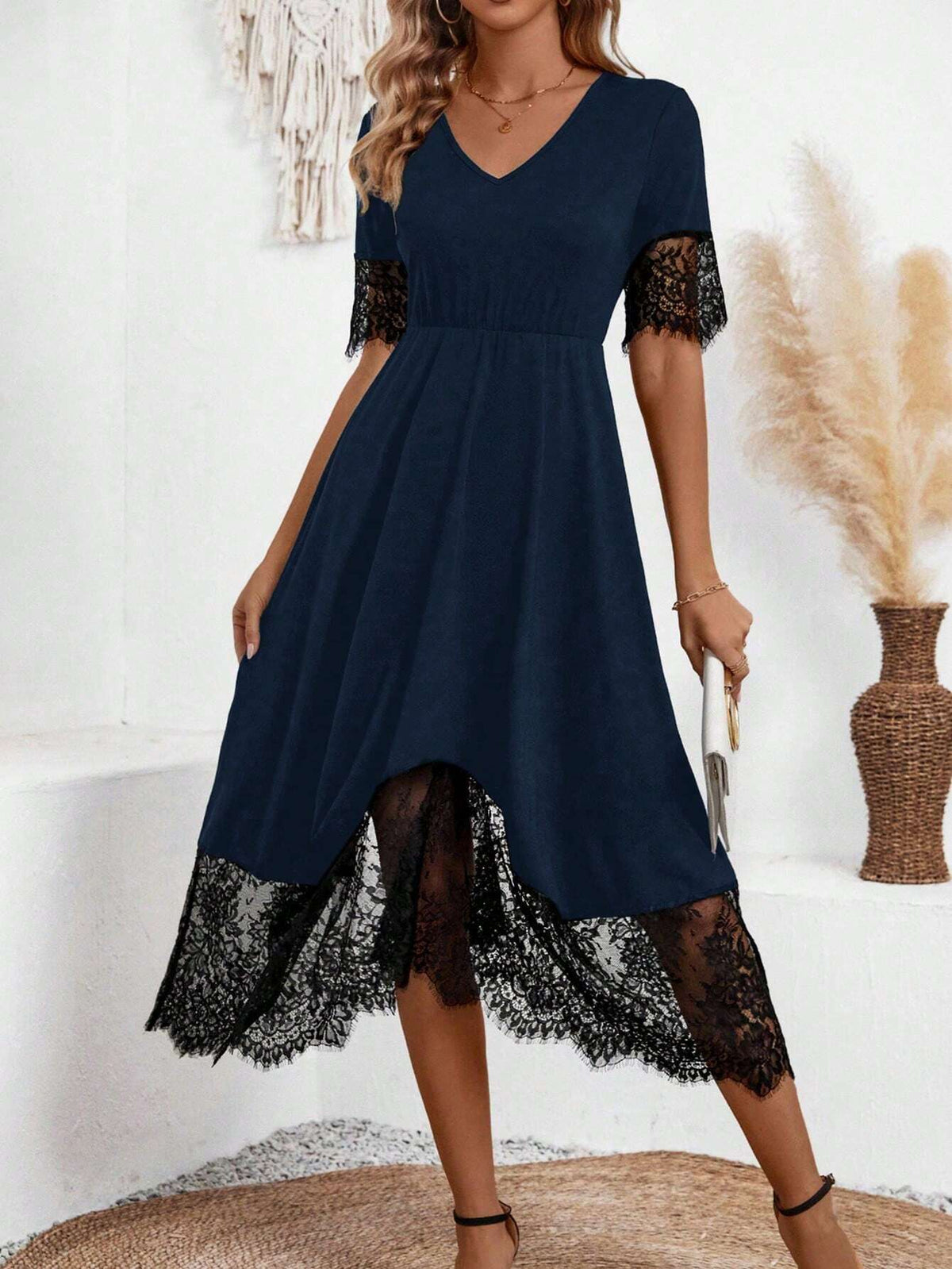 Women's Summer V-Neck Short Sleeve Lace Splice Dress