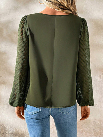 Clasi Women's Textured V-Neck Long Sleeve Cutout Everyday Casual Commute Versatile Blouse