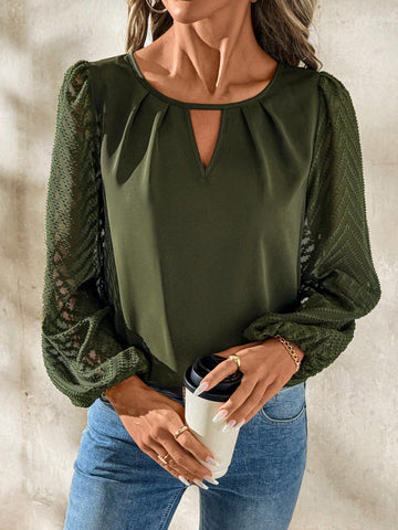 Clasi Women's Textured V-Neck Long Sleeve Cutout Everyday Casual Commute Versatile Blouse