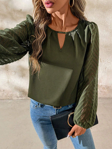 Clasi Women's Textured V-Neck Long Sleeve Cutout Everyday Casual Commute Versatile Blouse