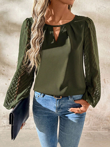Clasi Women's Textured V-Neck Long Sleeve Cutout Everyday Casual Commute Versatile Blouse