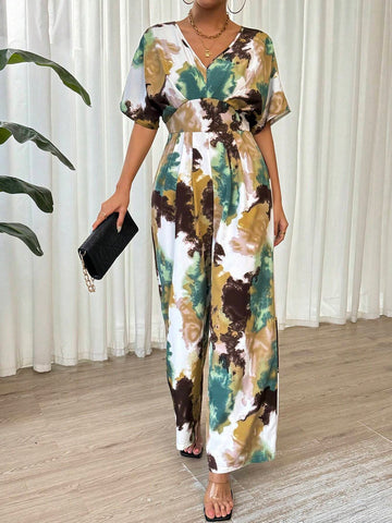 Women's Tie-Dye Print V-Neck Batwing Short Sleeve Loose Jumpsuit With Wide Leg For Summer Vacation