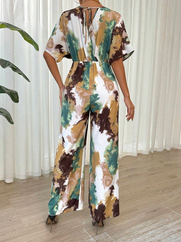 Women's Tie-Dye Print V-Neck Batwing Short Sleeve Loose Jumpsuit With Wide Leg For Summer Vacation