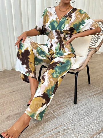 Women's Tie-Dye Print V-Neck Batwing Short Sleeve Loose Jumpsuit With Wide Leg For Summer Vacation
