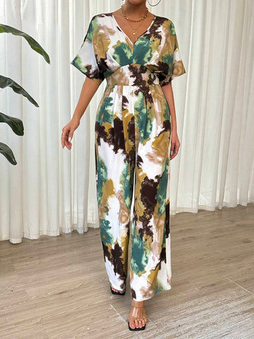 Women's Tie-Dye Print V-Neck Batwing Short Sleeve Loose Jumpsuit With Wide Leg For Summer Vacation