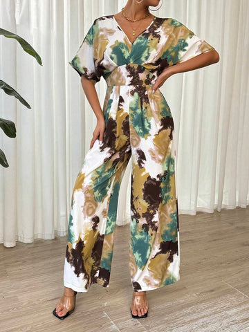 Women's Tie-Dye Print V-Neck Batwing Short Sleeve Loose Jumpsuit With Wide Leg For Summer Vacation