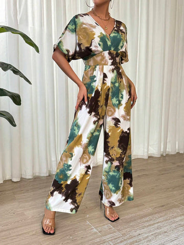 Women's Tie-Dye Print V-Neck Batwing Short Sleeve Loose Jumpsuit With Wide Leg For Summer Vacation