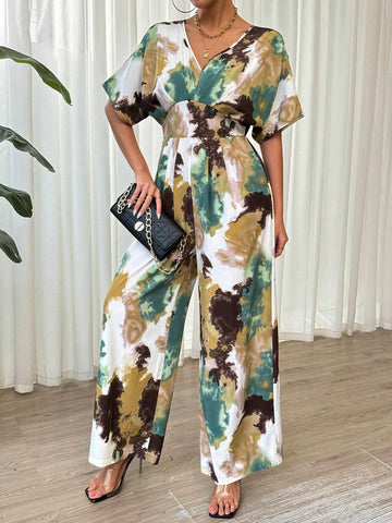 Women's Tie-Dye Print V-Neck Batwing Short Sleeve Loose Jumpsuit With Wide Leg For Summer Vacation