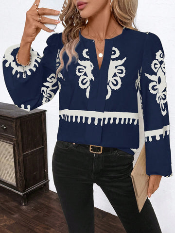 Clasi Women's Urban Elegance Day Social Apricot&Black Geometric Print Notched Neckline Lantern Sleeve Blouse