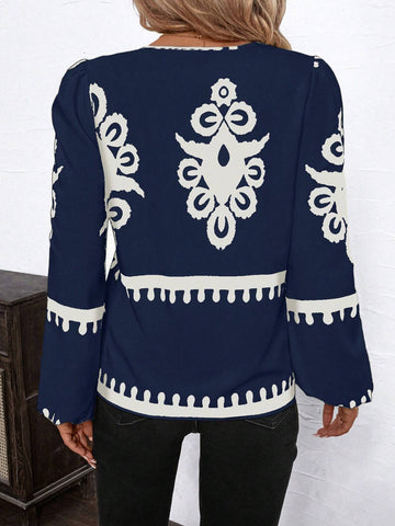 Clasi Women's Urban Elegance Day Social Apricot&Black Geometric Print Notched Neckline Lantern Sleeve Blouse