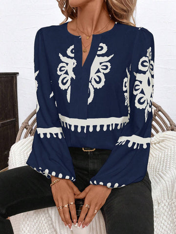 Clasi Women's Urban Elegance Day Social Apricot&Black Geometric Print Notched Neckline Lantern Sleeve Blouse