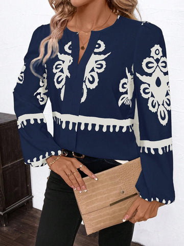 Clasi Women's Urban Elegance Day Social Apricot&Black Geometric Print Notched Neckline Lantern Sleeve Blouse