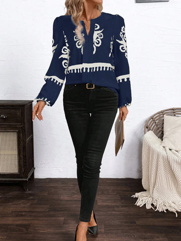 Clasi Women's Urban Elegance Day Social Apricot&Black Geometric Print Notched Neckline Lantern Sleeve Blouse