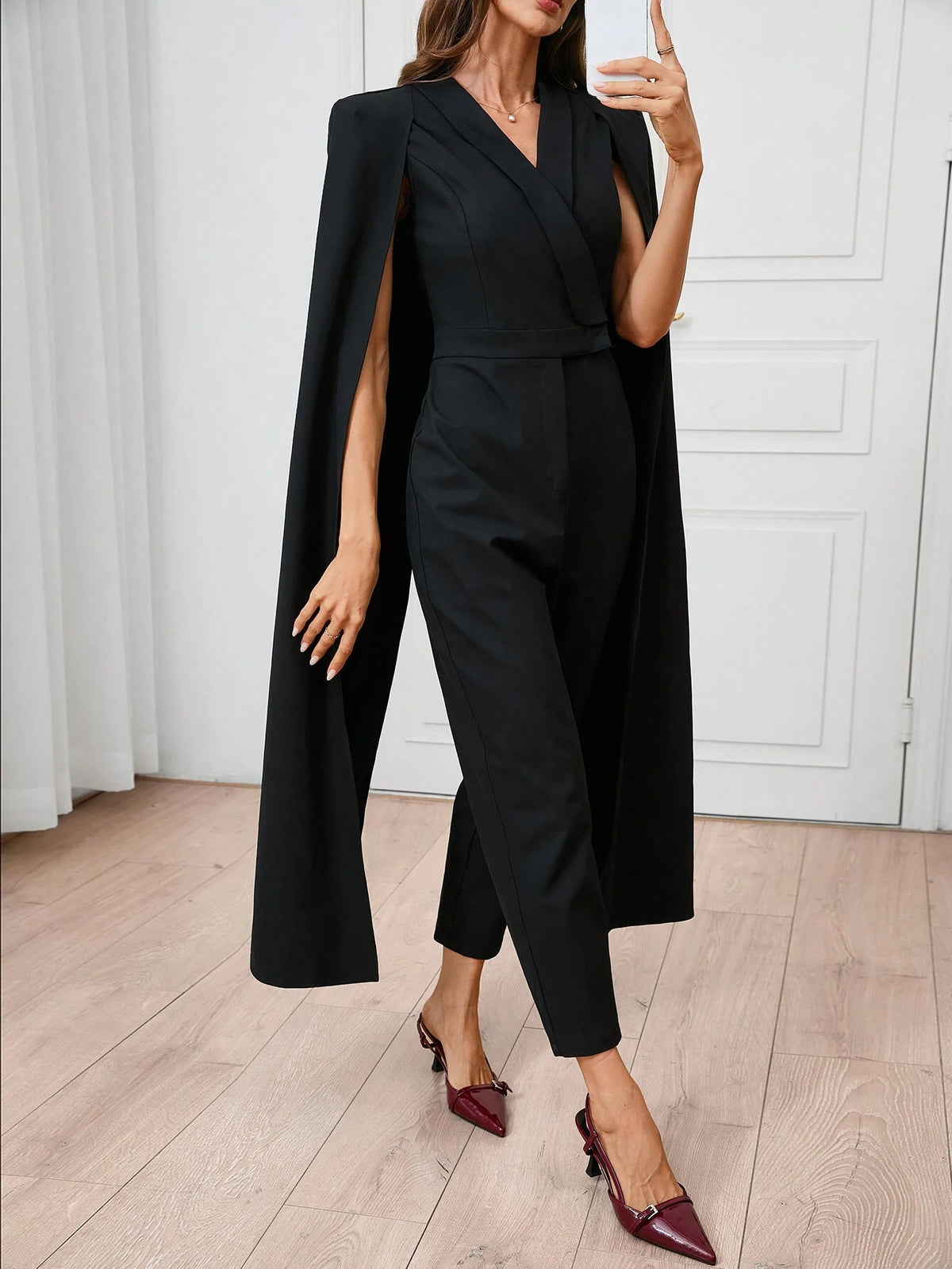 Women's Urban Elegance, Daytime Socializing, Black Cape, Shawl, Cross Collar Suit, Green Fruit Collar, Back Slit, Straight Leg, Waist Cinching Jumpsuit