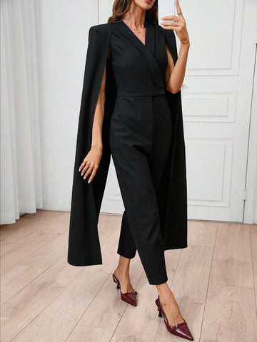 Women's Urban Elegance, Daytime Socializing, Black Cape, Shawl, Cross Collar Suit, Green Fruit Collar, Back Slit, Straight Leg, Waist Cinching Jumpsuit