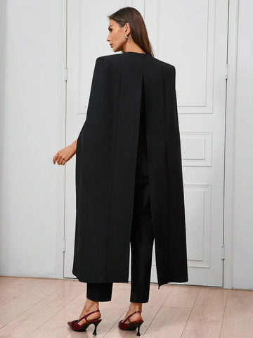 Women's Urban Elegance, Daytime Socializing, Black Cape, Shawl, Cross Collar Suit, Green Fruit Collar, Back Slit, Straight Leg, Waist Cinching Jumpsuit