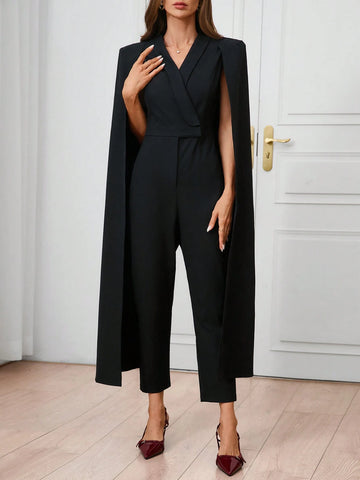 Women's Urban Elegance, Daytime Socializing, Black Cape, Shawl, Cross Collar Suit, Green Fruit Collar, Back Slit, Straight Leg, Waist Cinching Jumpsuit