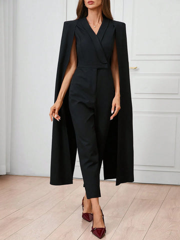 Women's Urban Elegance, Daytime Socializing, Black Cape, Shawl, Cross Collar Suit, Green Fruit Collar, Back Slit, Straight Leg, Waist Cinching Jumpsuit
