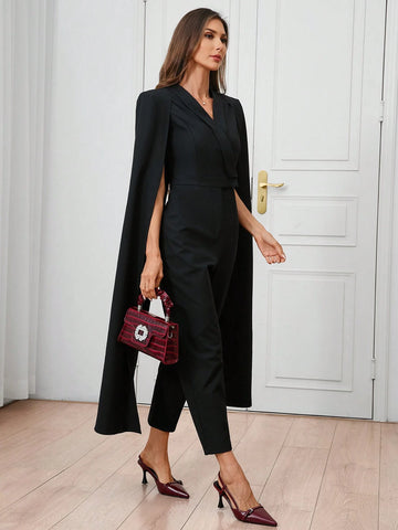 Women's Urban Elegance, Daytime Socializing, Black Cape, Shawl, Cross Collar Suit, Green Fruit Collar, Back Slit, Straight Leg, Waist Cinching Jumpsuit
