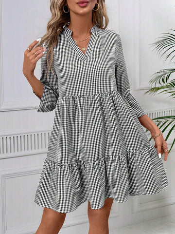 Women's V-Neck Comfortable Babydoll Dress With Ruffle Sleeves Fall Teacher Clothes