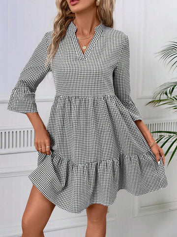 Women's V-Neck Comfortable Babydoll Dress With Ruffle Sleeves Fall Teacher Clothes
