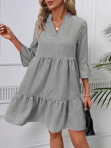 Women's V-Neck Comfortable Babydoll Dress With Ruffle Sleeves Fall Teacher Clothes