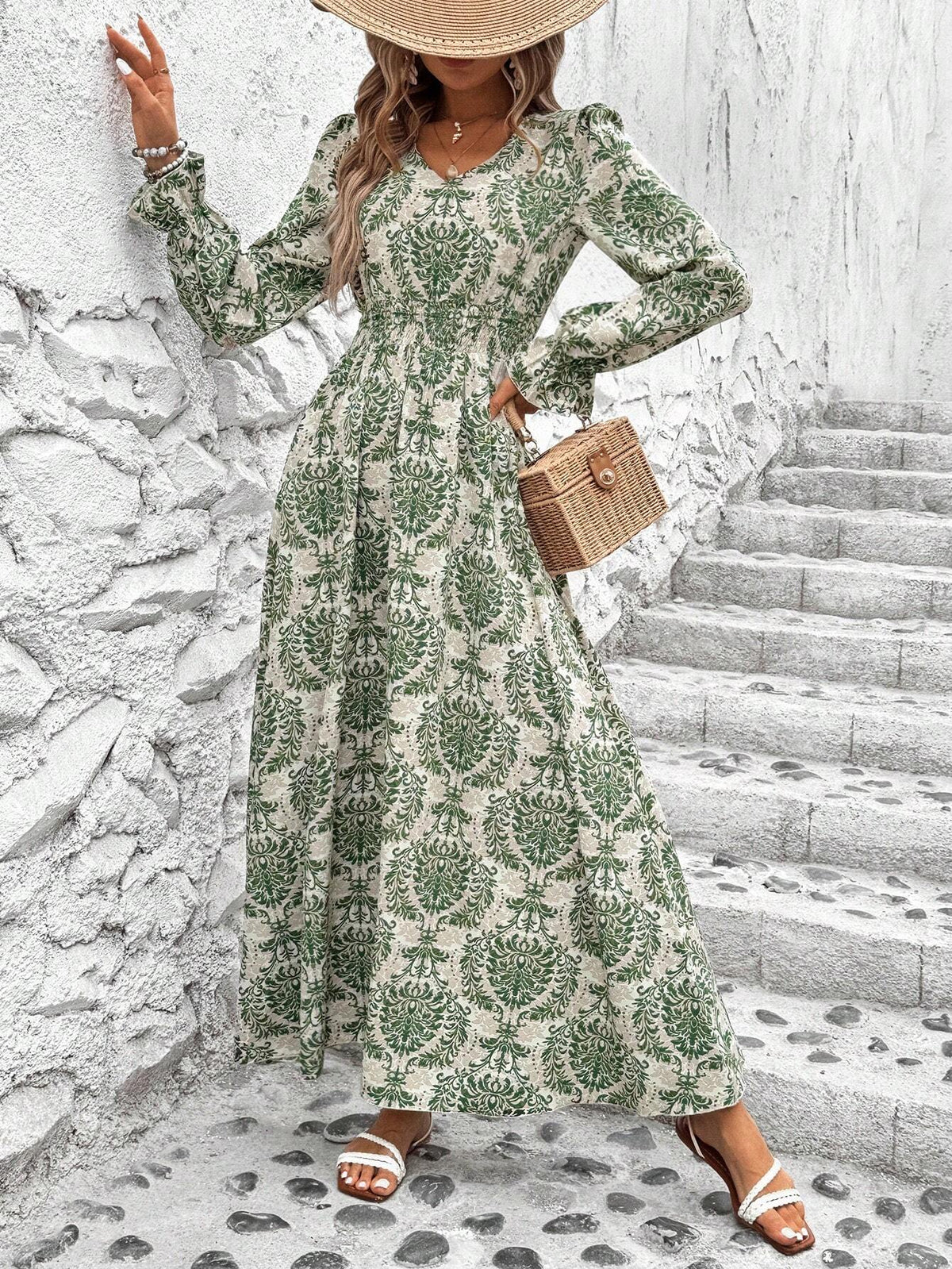 Women's V-Neck Lantern Sleeve Pleated Waist Holiday Long Sleeve Dress