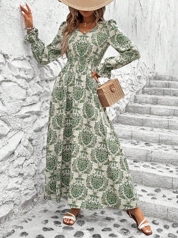 Women's V-Neck Lantern Sleeve Pleated Waist Holiday Long Sleeve Dress